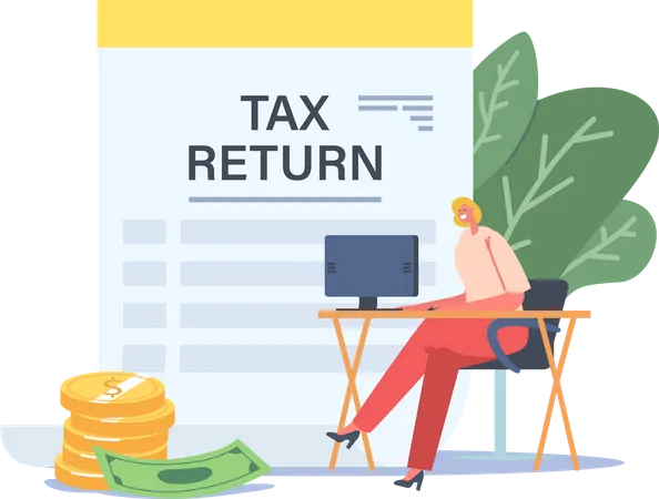 Businesswoman Sitting at Workplace Desk with Computer Taxation Refund  Illustration