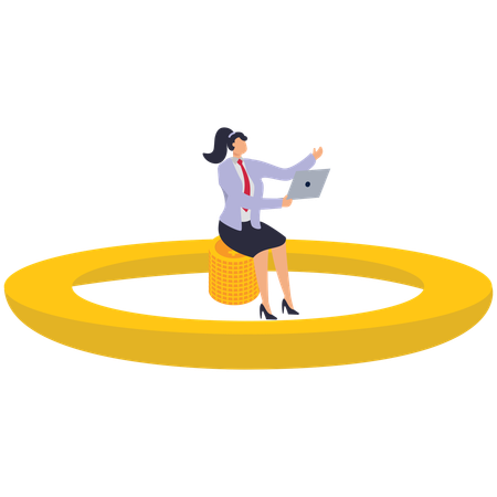 Businesswoman sitting holding laptop in golden handcuffs  Illustration