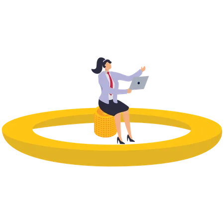 Businesswoman sitting holding laptop in golden handcuffs  Illustration