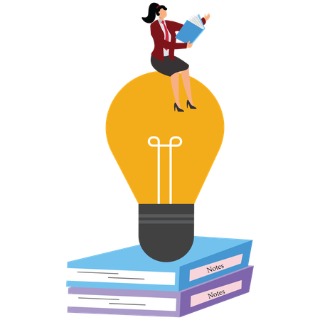 Businesswoman sitting in light bulb and reading the book  Illustration