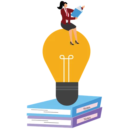 Businesswoman sitting in light bulb and reading the book  Illustration