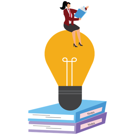 Businesswoman sitting in light bulb and reading the book  Illustration