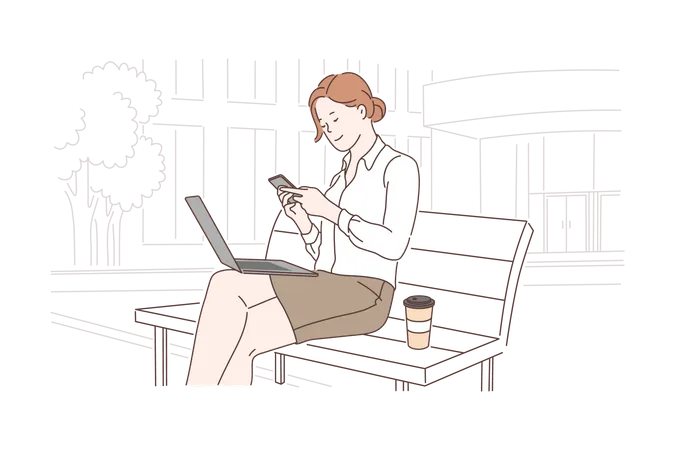 Businesswoman sitting on bench while using mobile and laptop  Illustration