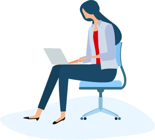 Businesswoman sitting on chair and working on laptop  Illustration