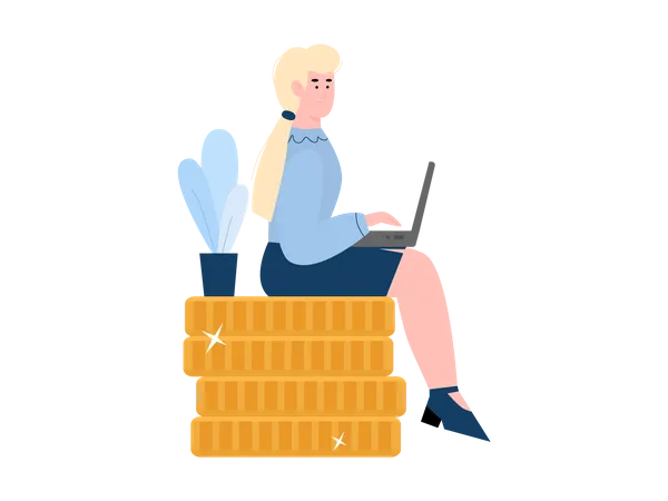 Businesswoman sitting on coins Illustration