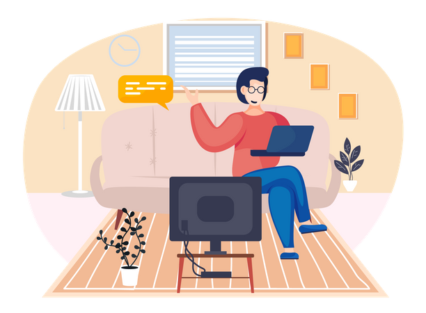 Businesswoman sitting on couch and attended online meeting  Illustration