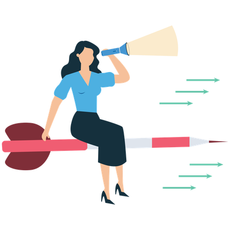 Businesswoman sitting on dart arrow while finding business vision  Illustration