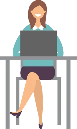 Businesswoman sitting on desk and working on laptop  Illustration