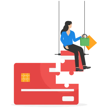 Businesswoman sitting on puzzle piece of his bank card and holding shopping bags  Illustration