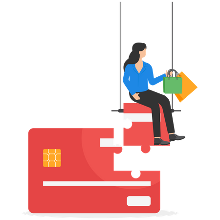 Businesswoman sitting on puzzle piece of his bank card and holding shopping bags  Illustration