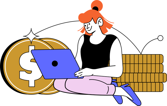 Businesswoman sitting with dollar coin and working on laptop  Illustration