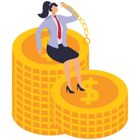 Businesswoman sitting with her hands cuffed on pile of gold coins  Illustration