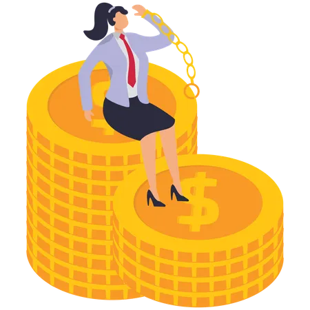 Businesswoman sitting with her hands cuffed on pile of gold coins  Illustration