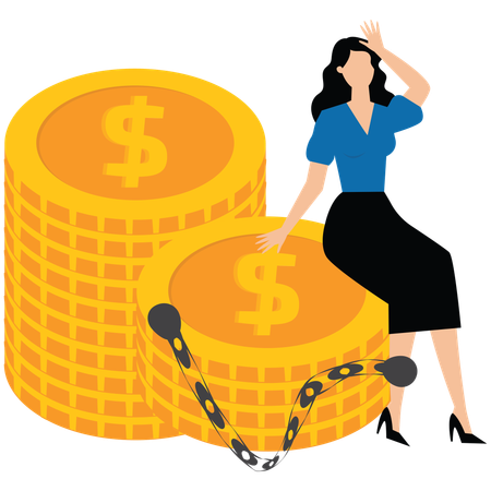 Businesswoman sitting with her hands cuffed on pile of gold coins  Illustration