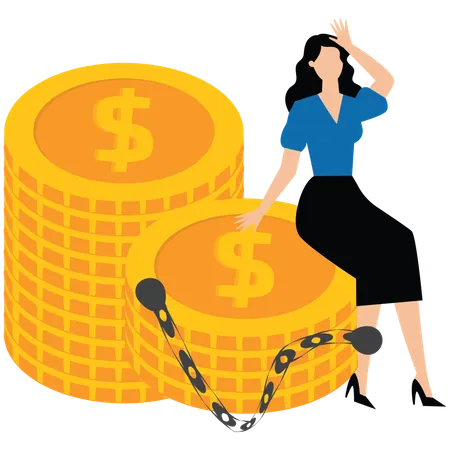 Businesswoman sitting with her hands cuffed on pile of gold coins  Illustration