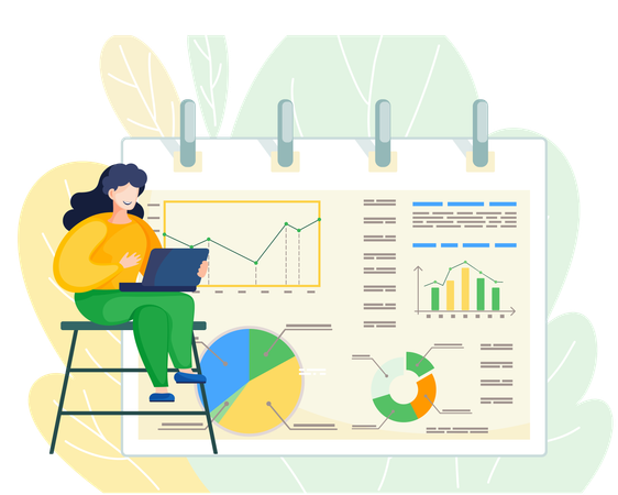 Businesswoman sitting with laptop near report with graphs and charts  Illustration