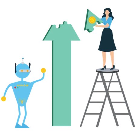 Businesswoman solves Jigsaw Piece Automation  Illustration