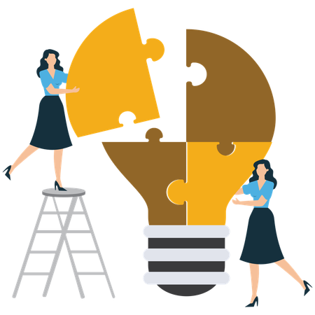 Businesswoman solves Jigsaw puzzle  Illustration