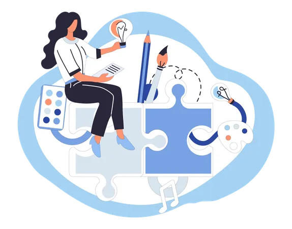 Businesswoman solving puzzle with intelligence  Illustration