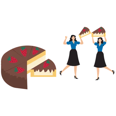 Businesswoman splitting profit cake  Illustration