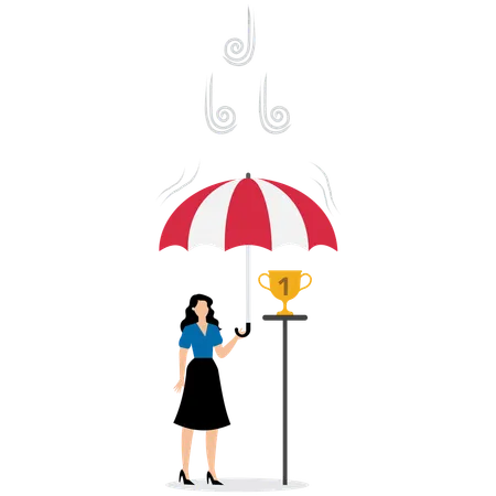 Businesswoman spreading umbrella to cover trophy  Illustration