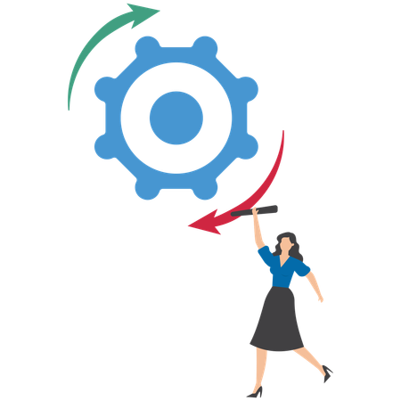 Businesswoman stand on interconnected gear cogwheel symbolizing process and workflow optimization  Illustration