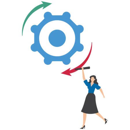 Businesswoman stand on interconnected gear cogwheel symbolizing process and workflow optimization  Illustration