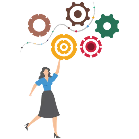 Businesswoman stand on interconnected gear cogwheel symbolizing process and workflow optimization  Illustration