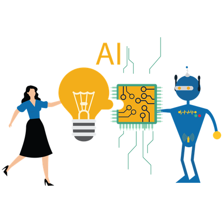 Businesswoman stand with light bulb sign creative then helping robot  Illustration