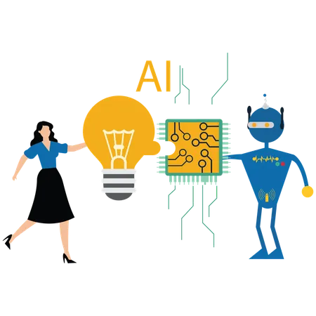 Businesswoman stand with light bulb sign creative then helping robot  Illustration
