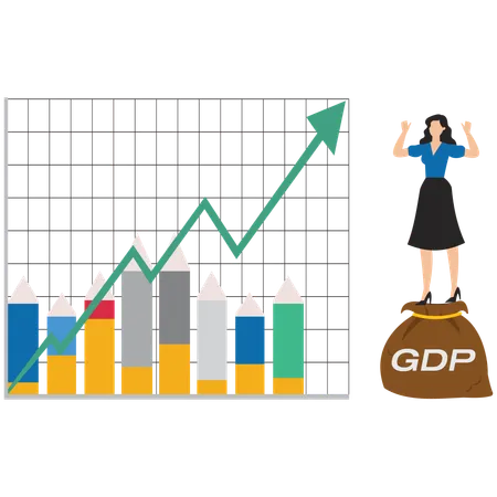 GDP が書かれたお金の入った袋を持ったビジネスウーマン  イラスト