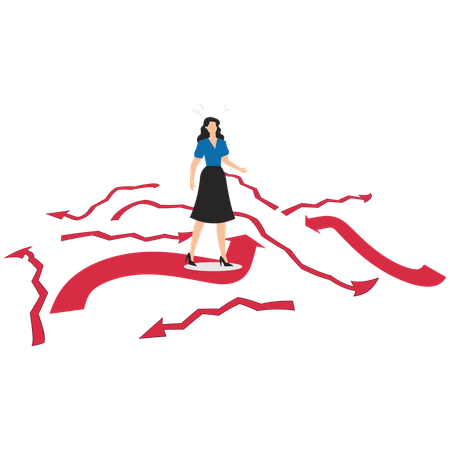 Businesswoman standing among arrows with different directions directing toward her  Illustration