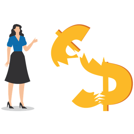 Businesswoman standing around broken dollar  Illustration