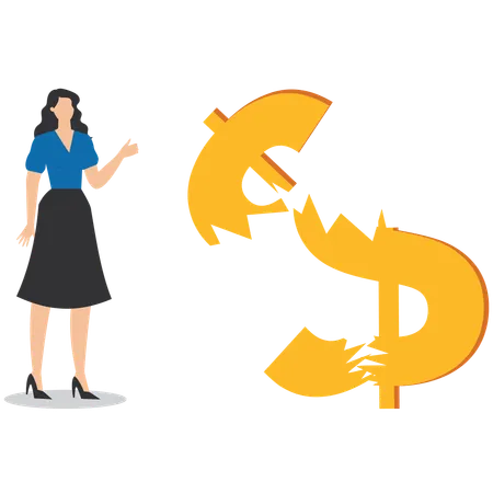 Businesswoman standing around broken dollar  Illustration