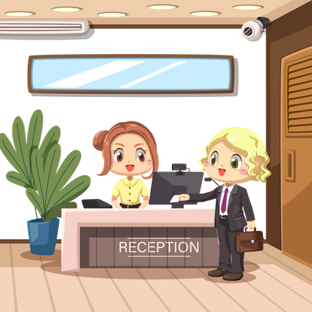 Businesswoman standing at the reception desk  Illustration