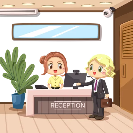 Businesswoman standing at the reception desk  Illustration