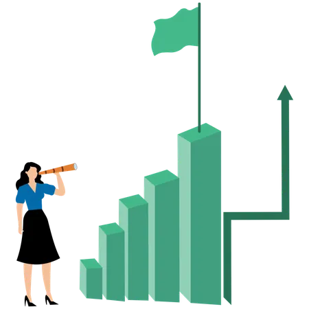 Businesswoman standing in front of growth chart and flag waving on highest column of chart  Illustration
