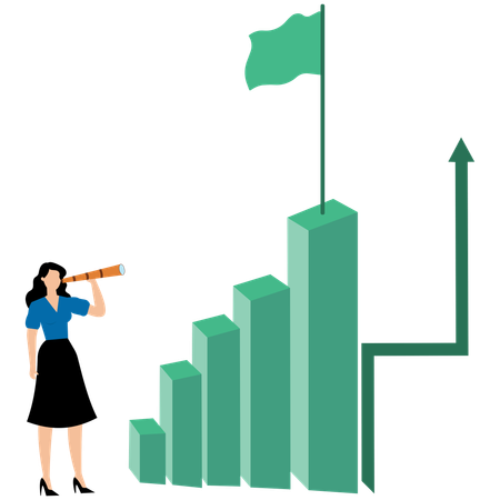 Businesswoman standing in front of growth chart and flag waving on highest column of chart  Illustration