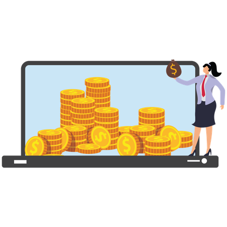 Businesswoman standing in front of laptop and coins inside  Illustration