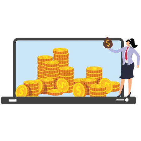 Businesswoman standing in front of laptop and coins inside  Illustration