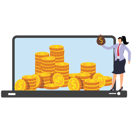 Businesswoman standing in front of laptop and coins inside  Illustration