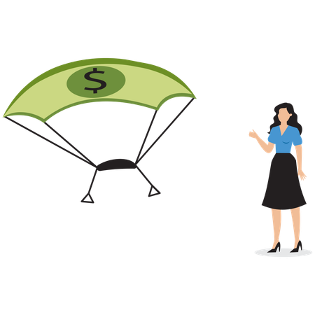 Businesswoman standing near dollar parachute  Illustration