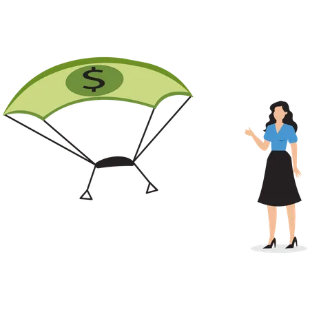 Businesswoman standing near dollar parachute  Illustration