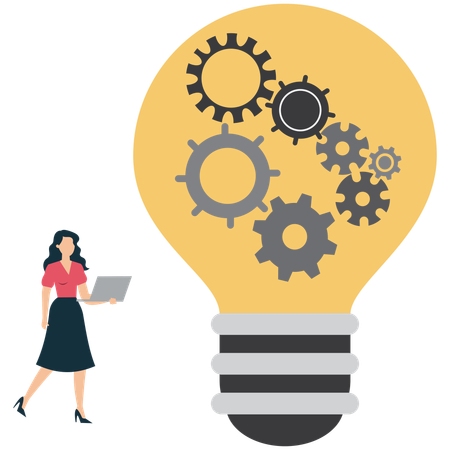 Businesswoman Standing Near Idea Bulb with Gears  Illustration