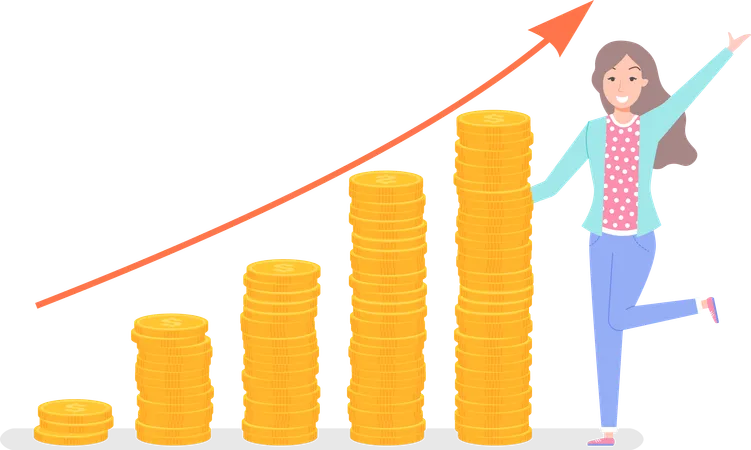 Businesswoman Standing Near Pile Of Gold Coins Stack Of Pennies Increased Income Business Profit Concept Female Character Near Money Increasing Finance Amount Wealth Symbol Of Success Earnings Illustration