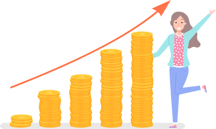 Businesswoman standing near pile of gold coins  Illustration