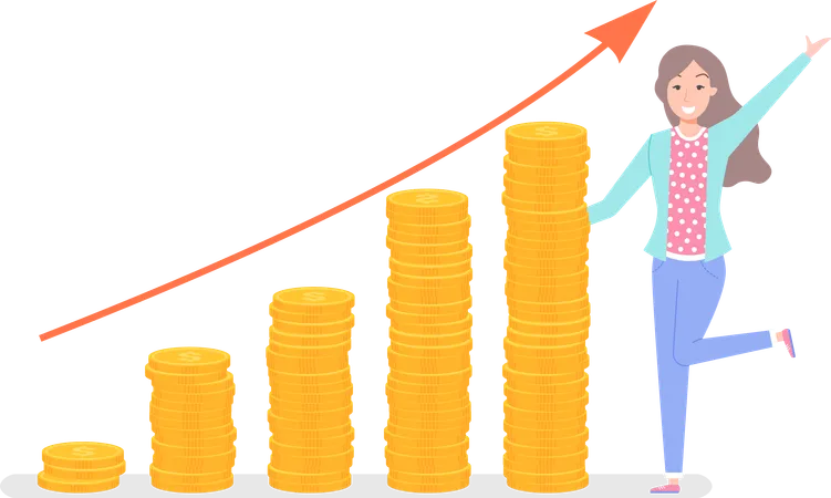 Businesswoman standing near pile of gold coins  Illustration