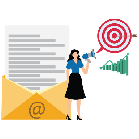 Businesswoman standing next to email envelope announcing promotion through megaphone  Illustration