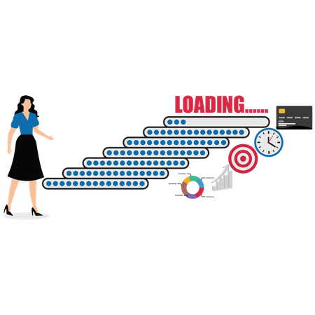 Businesswoman standing next to progress bar of skills which loading more  Illustration