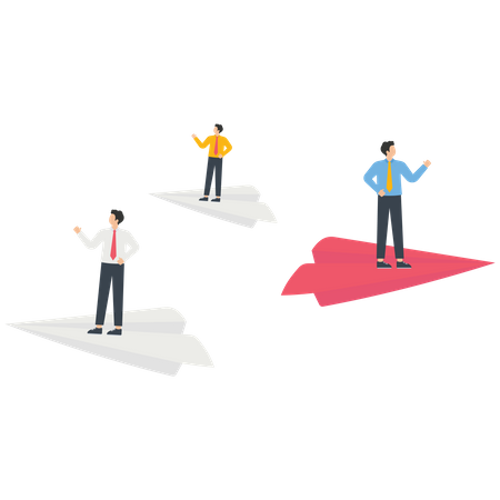 Businesswoman standing on a red paper airplane  Illustration